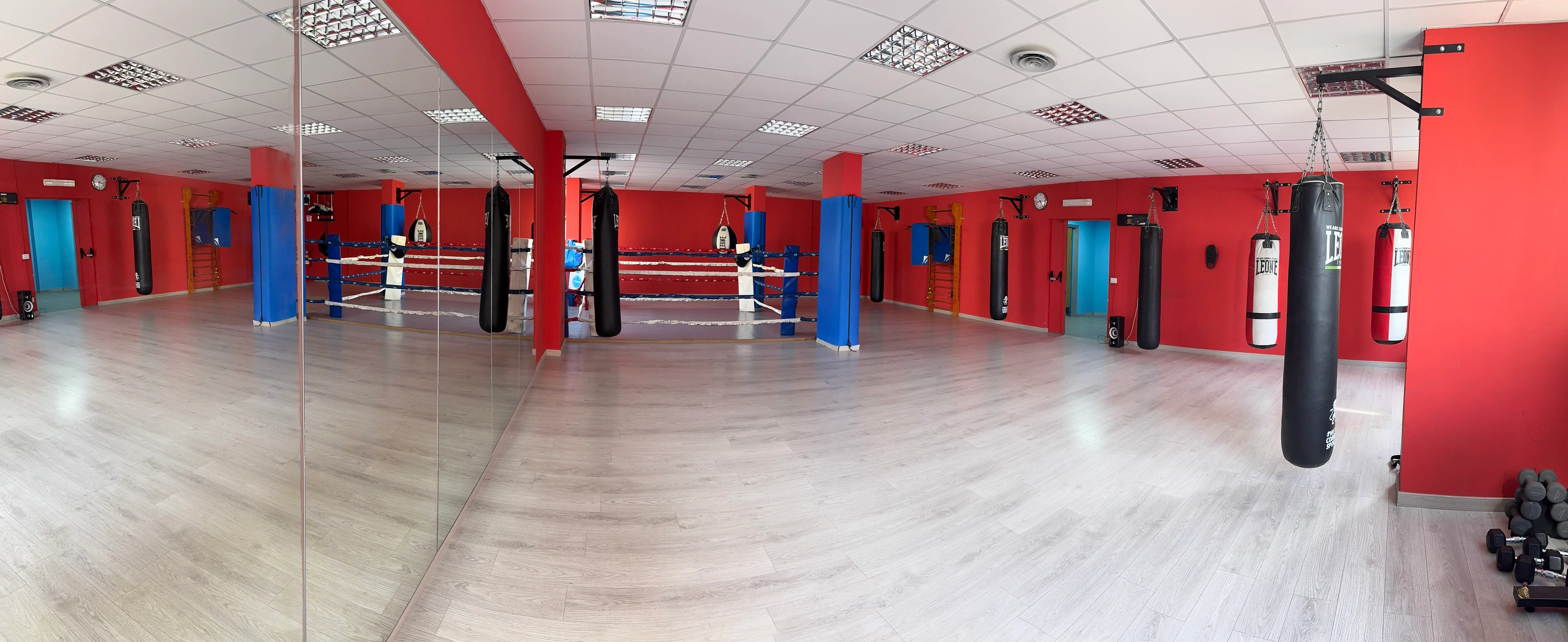 IKM Roma — panoramica della sala dall'angolo degli specchi: ring centrale, sacchi Leone appesi e pareti rosse